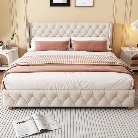 DESVIAE Lit rembourré 180 x 200 cm en lin avec sommier à lattes tête et pied de lit capitonnés ailes de tête de lit avec clous décoratifs beige (1/4)