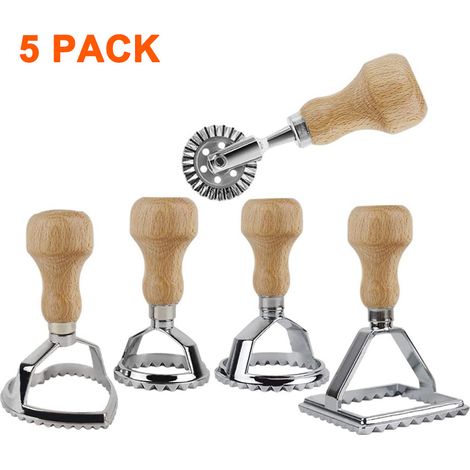 Presse A Raviolis - Emporte-Pieces Rond Et Carre - Roulette A Pates - Acier Inoxydable Et Bois - Lot De 5 Pieces (1/5)
