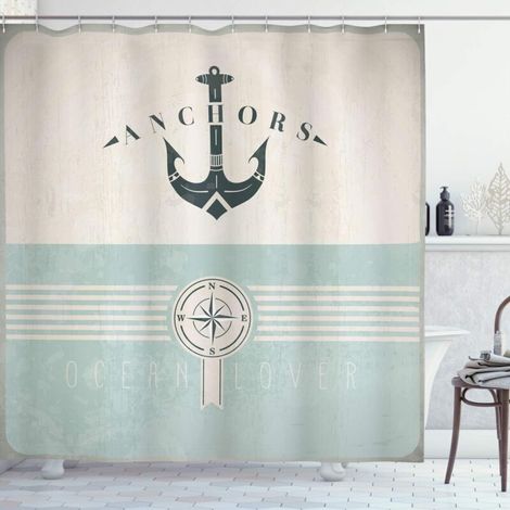 Nautique Rideau de Douche, Ancre Marine Vintage, Tissu Ensemble de Décor de Salle de Bain avec Crochets, 180 cm x 180 cm, Écume de mer Noir Beige (1/4)