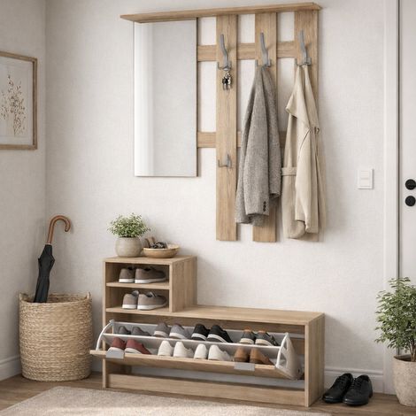 Tonengo Flurmöbel, Spiegel inklusive, 4 Ablagen, Kleiderhaken, 100x29x192h cm, Eiche Braun (1/5)