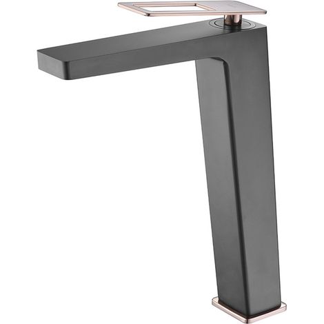 Mice - Grifo monomando de lavabo con caño alto - Grifos altos para lavamanos - Griferia de baño Color Negro Mate y Oro Rosa (1/2)