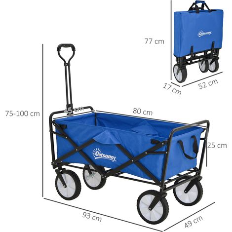Chariot pliant à main, chariot de jardin pivotant à 360°, chariot de transport, chariot de plage avec cadre en acier, Oxford, 93 x 49 x 75-100 cm