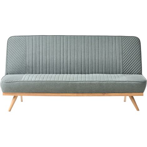 Sofá cama moderno de tela sin reposabrazos 2 plazas asiento y respaldo con costuras patas de metal acabado en madera verde Kalfafel