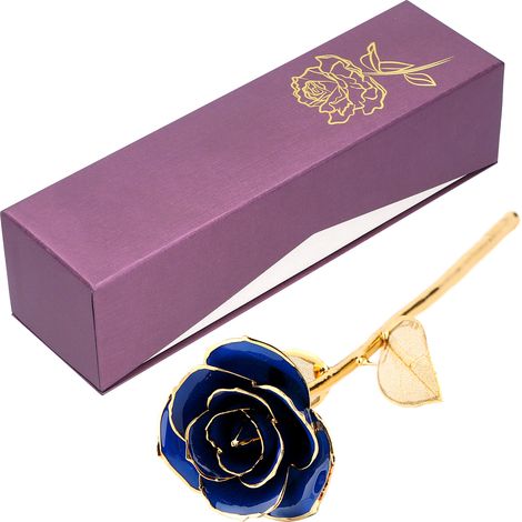 Ornement de rose bleue naturelle stabilisée, plaqué or 24 carats, à la surface brillante : cadeau de Saint-Valentin pour une femme. (1/5)
