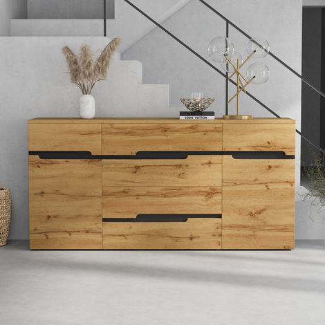 Armoire de salon de 1604080 cm  meubles de côté avec 2 portes et 4 tiroirs. Armoire à manger. Compartiments de rangement sans poignées. Meuble de support pour le canapé. Couleur en bois + noir. (1/5)