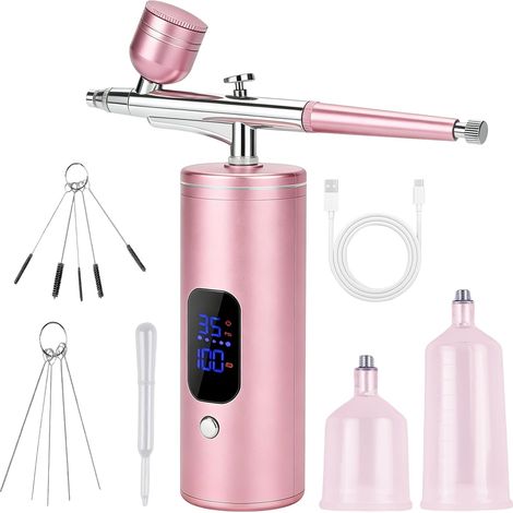 Kit d'aérographe sans fil avec compresseur, 30 psi, portable, rechargeable, pistolet aérographe portatif + accessoires de nettoyage pour maquillage, nail art, décoration de gâteaux et peinture de (1/5)