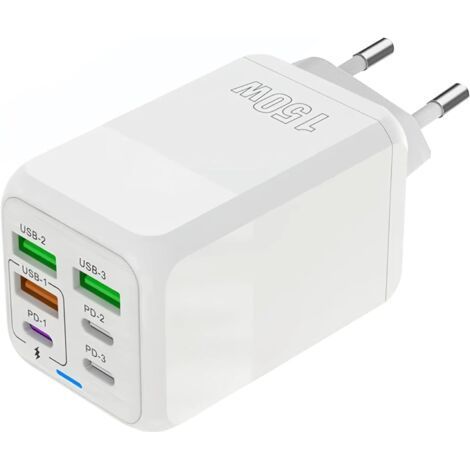Chargeur USB C, 150W 6 Ports USB C Prise de Charge Rapide, Chargeur à 6 Ports (Port 3PD Type C + Port USB A 3QC), Compatible avec iPhone 11/12/13/14/15 series/XS/XR/8/iPad (1/5)