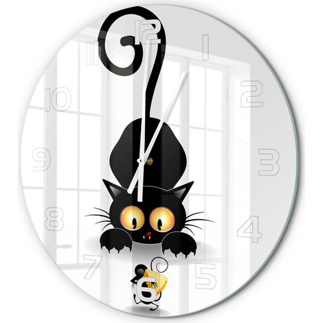 Horloge Murale Ronde Idée Cadeau Verre Trempé Silencieuse Design Moderne Chat et souris fi 60 cm (1/5)