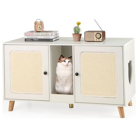 Meuble de 108 cm pour Bac à Litière de Chat, Double Compartiments, 2 Griffoirs en Sisal, Planche à Gratter, Armoire pour Animaux, Blanc (1/5)