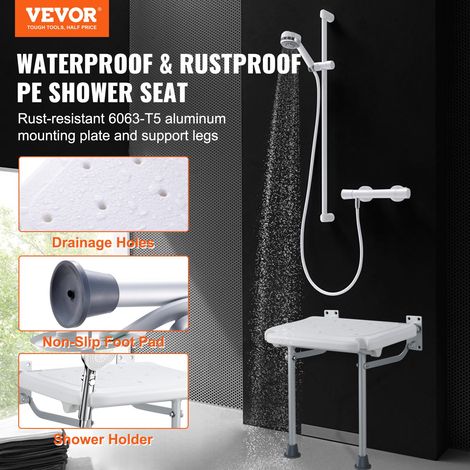 Siège de Douche Pliable en PE, 40x37,5 cm Déplié, Tabouret de Douche à Fixation Murale, Capacité de Charge 226,8 kg, Peu Encombrant… (1/5)