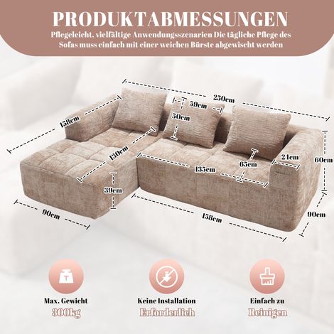 Canapé modulaire moderne en L 3 places,sans installation,chenille avec chaise longue,accoudoirs,3 coussins et poche latérale,kaki (1/5)