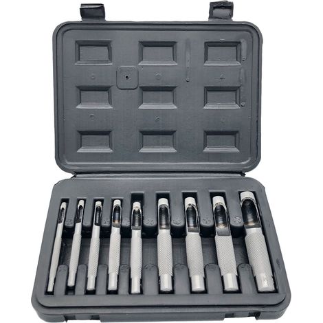 Juego de 9 troqueles para cortar cuero (de 3 a 12 mm) con estuche, ideal para confeccionar cinturones y bolsos de cuero.