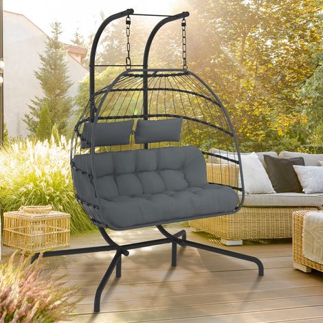 Sillón de 2 plazas en forma de huevo calado efecto ratán gris con cojín gris