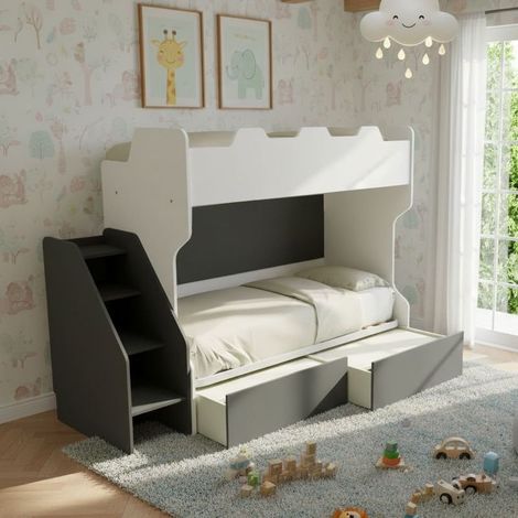 Letto a castello salvaspazio con terzo letto estraibile e scala laterale - Ideale per camerette - Bianco e basalto