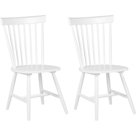 Set of 2 Dining Chairs White Rubberwood Rustic Vintage High Spindle Back Painted Dining Room BURGES (1/5)