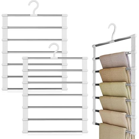 Lot de 2 cintres pour pantalons - Peu encombrant - Pliables - Cintres multiples - Porte-pantalons - Organisateur de penderie pour suspendre pantalons, serviettes, écharpes, jeans, cravates (1/4)