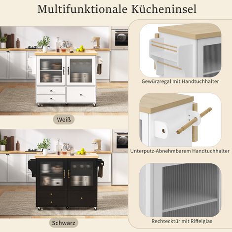 Mobile Kücheninsel sur roulettes avec table escamotable, chariot de cuisine porte-verres à vin et rangement, parfait pour cuisine et salle à manger (Blanc) (1/5)