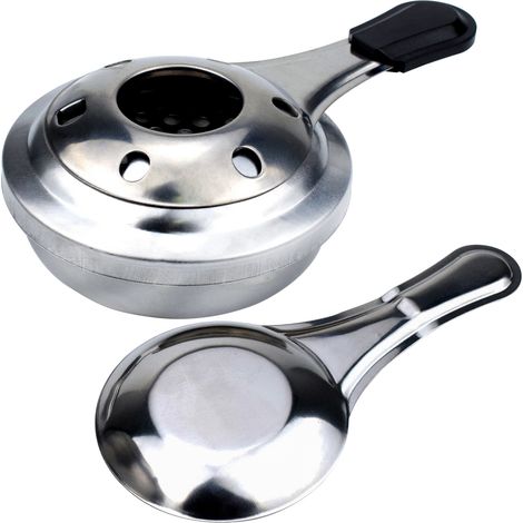 Poêle de fondue portable Mini pour camping 2 personnes réglable en alcool avec plateau en stainless steel et support, Fabriqué en France, dimensions: 15.5x9.9x4.8cm, argent. (1/5)