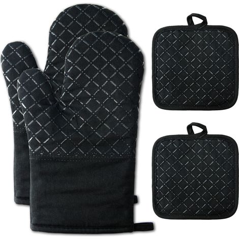 Gants de Four Gants de Four 1 Paire et Manique Silicone Gants de Cuisine Cuisine avec Tapis de Maniques Résistant à Chaleur Antidérapant Gant Four pour BBQ Cuisiner Cuire Micro-Ondes (Noir)