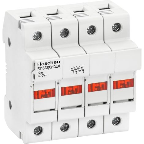 Heschen Cylindrical Fuse Holder Base RT18-32(X) 32A AC690V, 4P, DIN Mounting Rail for RT18 RO15 10x38mm Fuse (1/5)