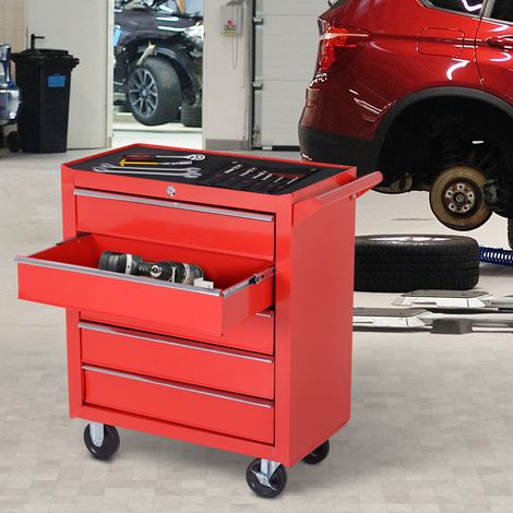 Caja Taller Carro de Herramientas con Ruedas Cerradura tipo Mueble de Almacenamiento para Taller Garaje y Hogar Chapa de Acero 69x33x75 cm Rojo (1/5)