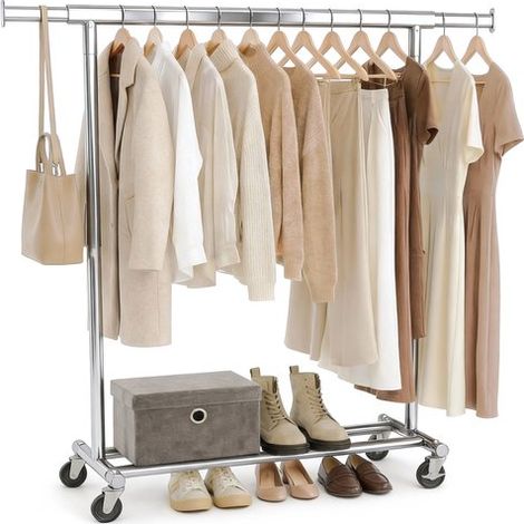 Portant à vêtements sur roulettes – Tringle à vêtements en acier – Étagère de rangement – Argenté – (1/5)