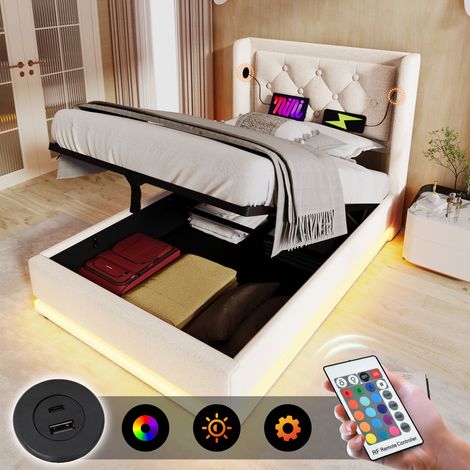 Letto imbottito 90/200 cm beige di cotone con contenitore idraulico, LED e USB-C (1/5)