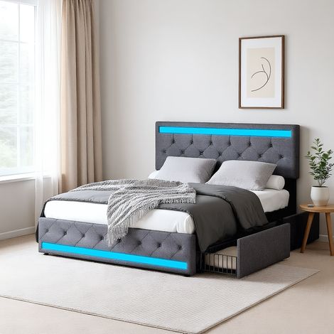 Polsterbett 180x200 cm, Doppelbett mit LED-Beleuchtung und USB-Ladestation, Modernes Jugendbett mit verstellbarem Kopfteil, Bettgestell mit Lattenrost, Leinen Dunkelgrau, Ohne Matratze