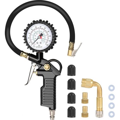 Manomètre Pression Pneu Numérique, 220 PSI Multifonctionnel Jauge de Pression des Pneus 4 Échelle Tube Flexible Manomètre Compresseur avec Accessoires Gonflables pour Moto Vélos (1/5)