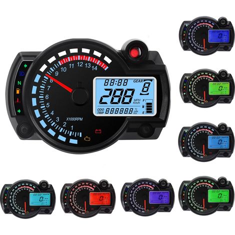 Universal Motorcycle Speedometer 7 Colors 14000RPM LCD Digital RX2N Odometer Speedometer Instrument Adjustable Odometer Tachometer with Speed Sensor 0-300km/h (1/5)