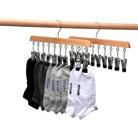 - Zweierpack Socken- und Kleiderständer aus Holz - Windfeste Ständer mit 10 Klammern, geeignet zum Trocknen von Socken, Unterwäsche, Mützen, Schals, Handtüchern und Schuhen. (1/5)