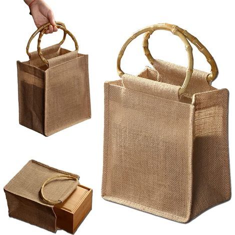 Sac en toile de jute naturelle portable avec poignée en bambou, sac pour femme pour le rangement et le shopping (1/5)