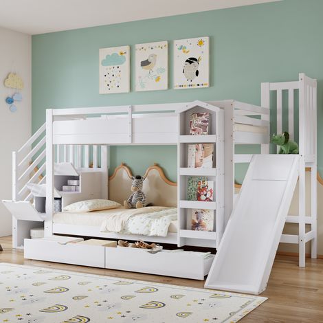 Letto a castello bambini 90x200 cm con 2 cassetti, scivolo, armadio scala contenitore e rete a doghe, in pino bianco, materasso non incluso