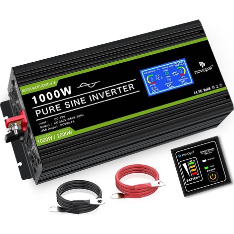 1000W 2000W Convertisseur Pur Sinus 12V 220V 230V Onduleur  5m télécommande et écran LCD,2 EU Prises,1 port USB,Pour Voiture, Caravane, Bateau, Camping, Voyage (1/5)