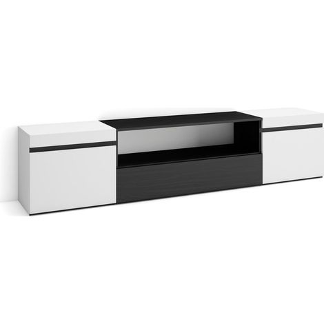 Skraut Home - Meuble TV, Banc Télé, Grand espace de Rangement, 200x45x35cm, Pour les TV jusqu'à 80", Meubles de salon, Style moderne, Blanc et noir (1/5)