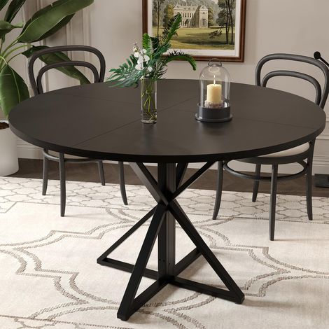 Table À Manger Ronde 120 cm, Style Moderne, Plateau en MDF Résistant, Base en Acier Robust, Pour 4 à 6 Personnes, Noir + Marron