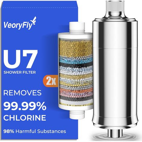 Filtre Douche Éliminé 99% Chlore, Filtre Anti Calcaire Douche avec 2 Cartouches, Adoucisseur d'Eau Dure, Améliore Peau et Cheveux, Installation Facile, Compatible Tuyau G1/2, Filtration Jusqu'à 100% (1/5)