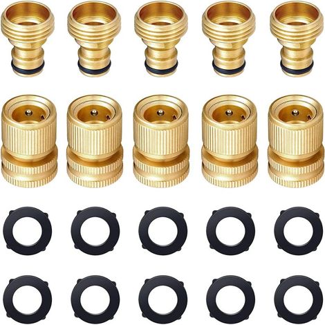 jeux de raccords rapides en laiton 3/4 pouce GHT pour tuyau d'arrosage (avec 10 pièces en caoutchouc de rechange) dorés (1/5)