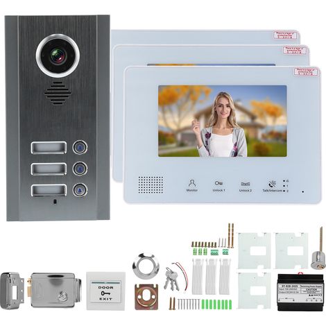 Kit visiophone filaire bus 2 fils avec vision nocturne et serrure électrique pour maison/appartement AC 100‑240V 3 moniteurs SY828NMJA3 (1/5)