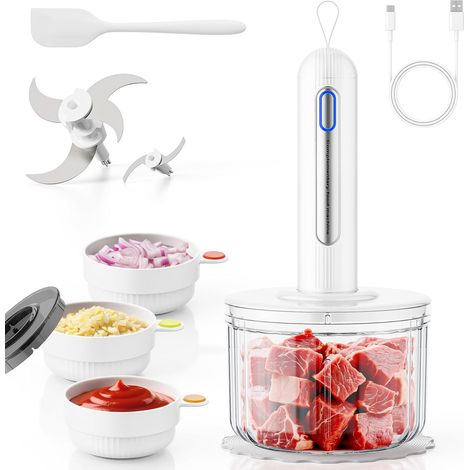Kabelloser Zerkleinerer Küche Elektrisch, 4000mAh Multizerkleinerer mit USB-C Aufladung, 1.5L Glas & 3x 100ml Schalen, 5 Edelstahlklingen für Fleisch, Gemüse, Babynahrung (1/5)