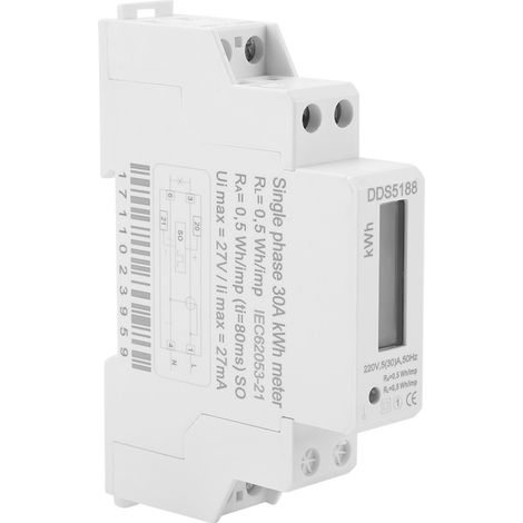 Elektronischer Energiezähler 5–30 A, einphasig, 220 V, digitales LCD-Display, DIN-Schienenmontage (1/5)