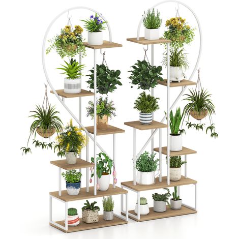COSTWAY 2 Pack 6-Tier Metal Plant Stand Heart-Shape Ladder Plant Shelves-Natural (1/5)