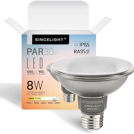 Ampoule LED PAR30s avec Culot E27, 8W (équivalent 100W), Blanc Chaud à Blanc Froid Orientable (2700K-6000K), IRC élevé 95, 1050lm, Angle de Rayonnement de 30°, étanche IP65, Pack de 1 (1/5)