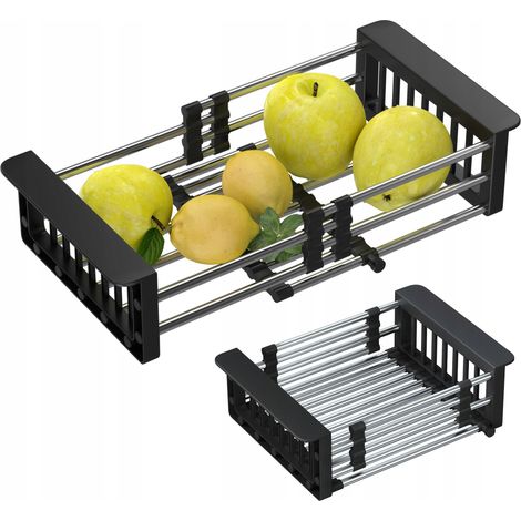 Égouttoir télescopique pour évier de cuisine Granitan, réglable en acier inoxydable et PVC, couleur argent et noir, design moderne (1/5)