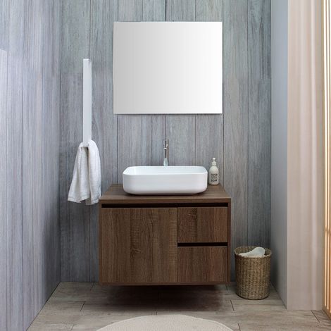 Kiamami Valentina – Meuble de salle de bain suspendu 75cm en noyer foncé – Lavabo céramique à poser – Miroir bords polis 70x80 – 2 tiroirs soft-close (1/5)