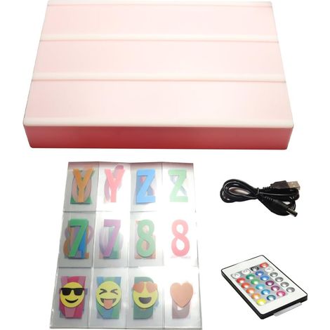Boîte lumineuse A4 avec lettres changeantes de couleur, lot de 3 – Alimentation USB avec variateur d'intensité à distance, cadeau décoratif (rose et blanc) (1/5)