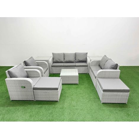 Fimous PE Rattan Garden Furniture Set Adjustable Chair Sofa Double Love Seat 2 Seater Sofa Lounge Set Square Coffee Table 2 Big Footstool 2 Side Table Light Grey (1/4)