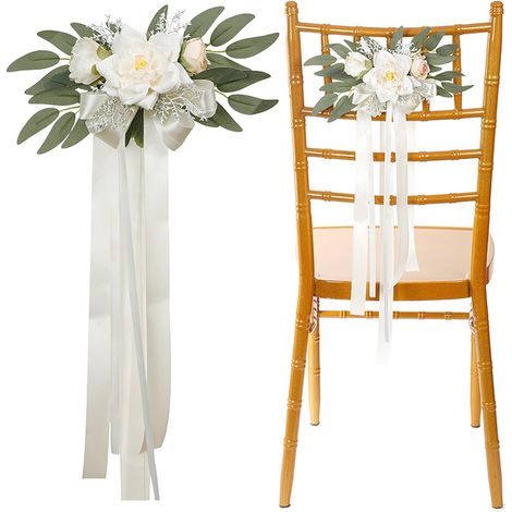 Décoration Voiture Mariage Fleurs Artificielles Blanches, Nœuds Vintage avec Ventouses pour Rétroviseur, Poignée de Porte et Chaises, Style Champêtre Romantique pour Cérémonie et Fête (1/5)