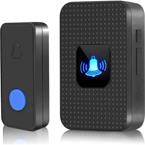 Sonnette sans Fil, Mini Sonnette de Porte IP55 Exterieur Étanche Kit de Carillon Electronique Portée 150M, 38Mélodies au 5 Niveaux Volumes, LED Bleu pour Maison Bureau Hôtel Urgence, Noir (1/5)