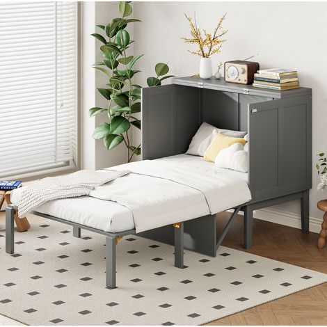 Lit escamotable vertical 90/200 cm gris en bois avec sommier à lattes (1/5)